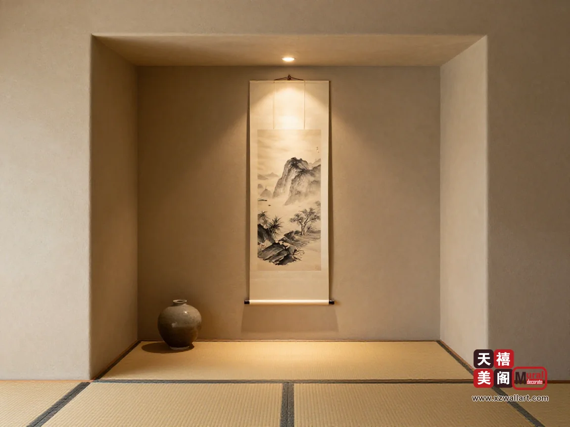 和室床之间里的竖幅水墨挂轴,凹位前摆一只矮陶花入,顶上一盏暖射灯洗下
