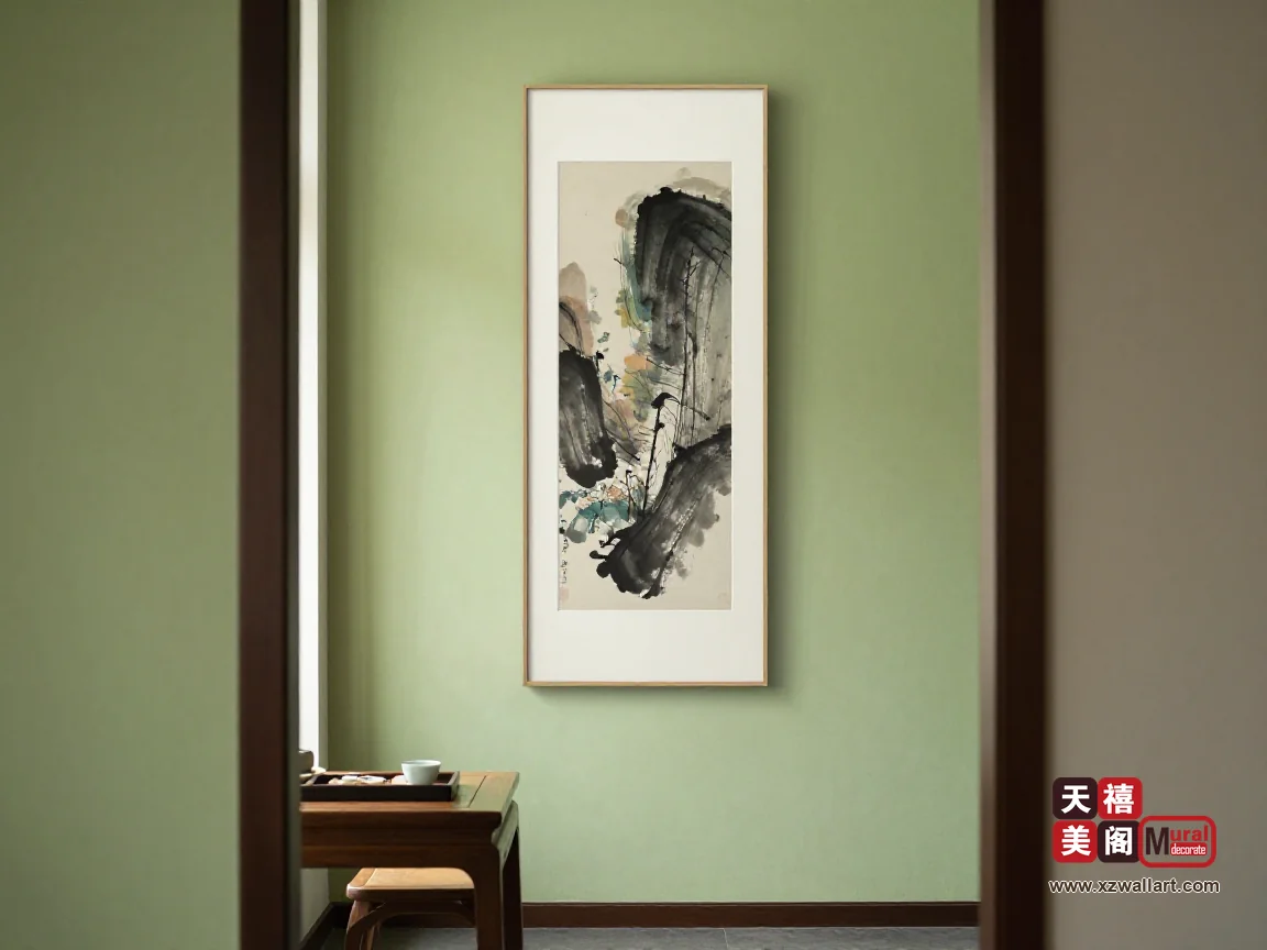 两门之间 100 厘米宽的米色窄墙上挂一幅 50×70 竖幅水墨,下方一只矮木凳与茶盘