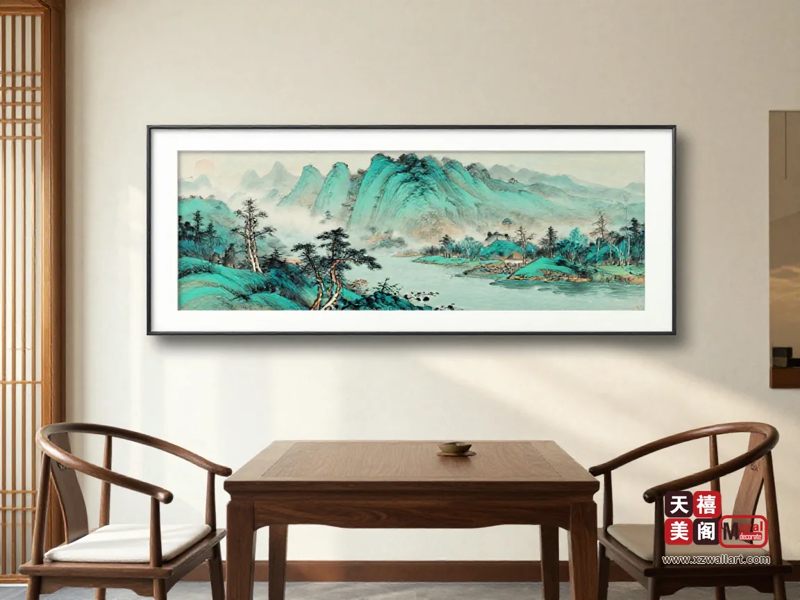 新中式茶室的长边墙上挂一幅横披青绿山水,画心中线与 160 厘米胡桃木茶桌长轴重合