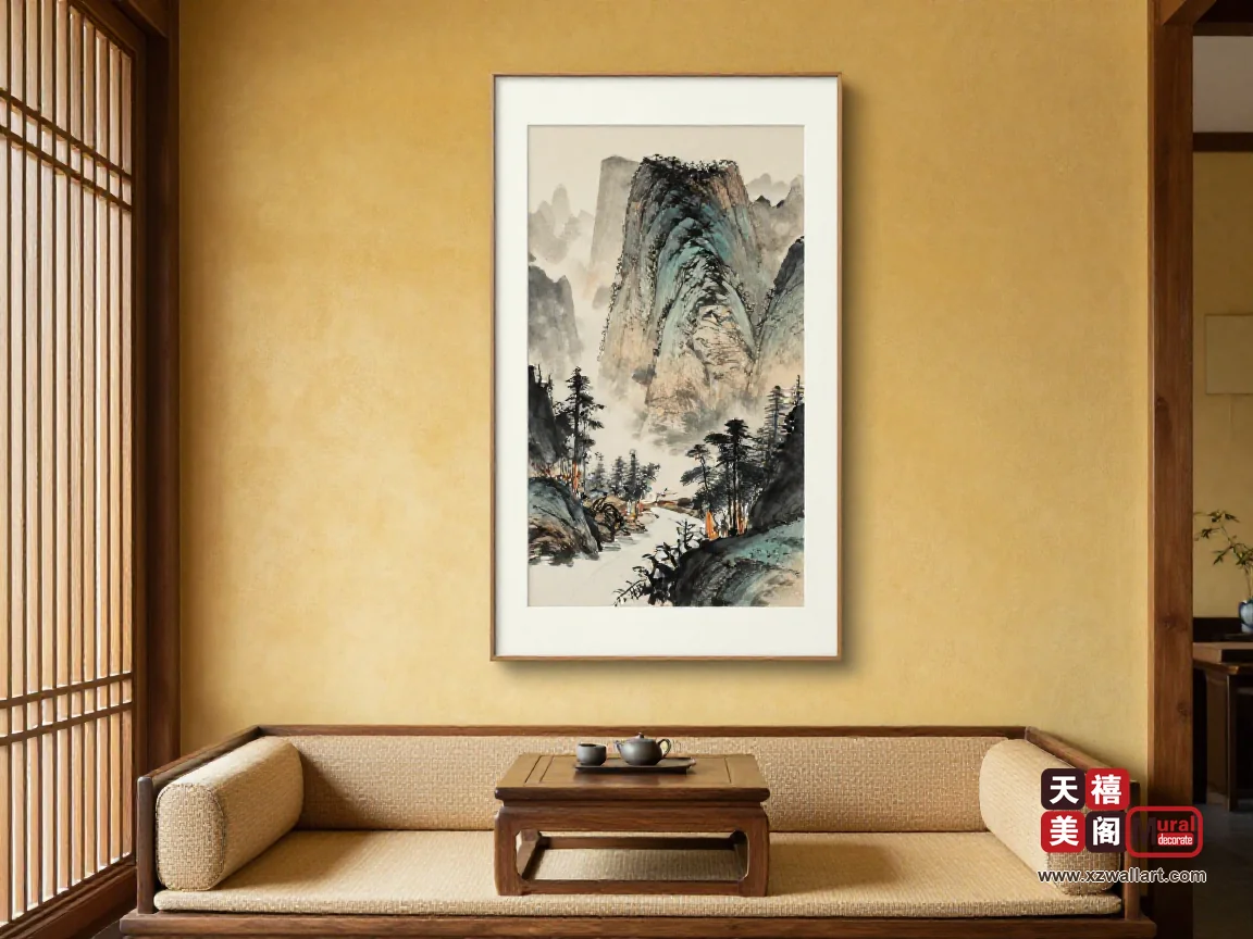 坐榻茶室侧墙上的竖幅水墨山水,画心中心齐坐视眼高,下方是 38 厘米矮榻与茶几