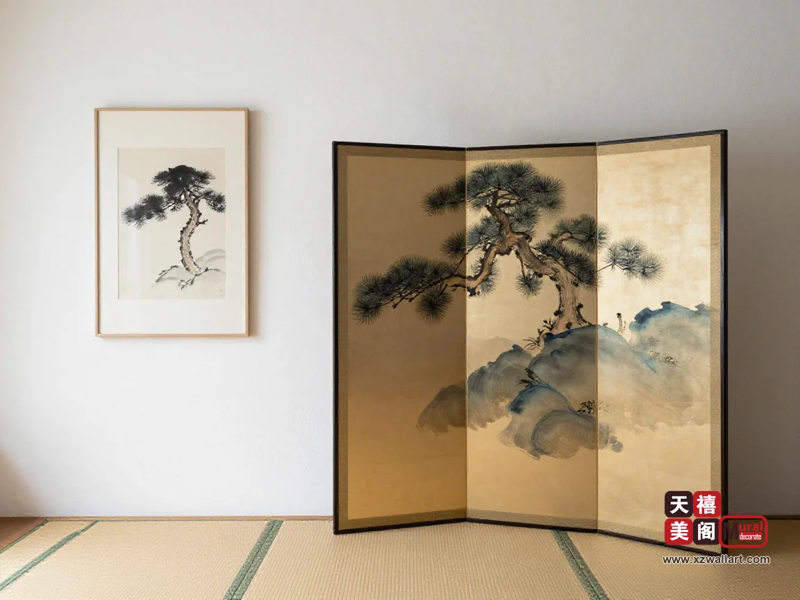 茶室白墙前立着一扇绢面折叠屏风,墙上一幅窄框禅意水墨立轴与其左侧错开悬挂