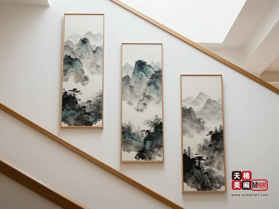 白墙楼梯间沿梯段斜向挂三幅窄框禅意水墨竖幅,扶手是浅木色,侧面有天窗