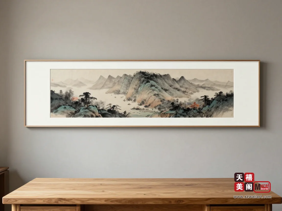 浅灰米色书房墙面上挂一幅细框禅意水墨横卷,画面留白居多,下方是原木书桌
