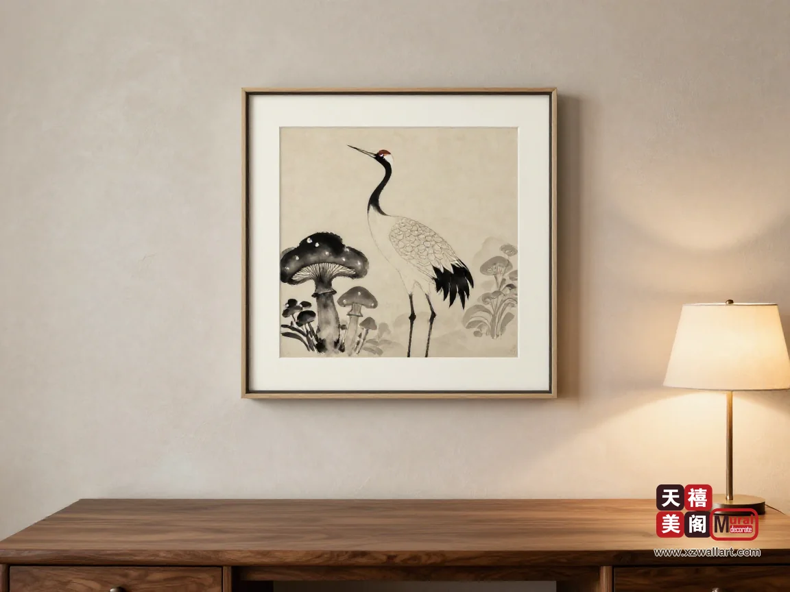 菌菇色书房墙上,一只白鹤的水墨小画挂在胡桃木书桌上方,暖光从右侧打来