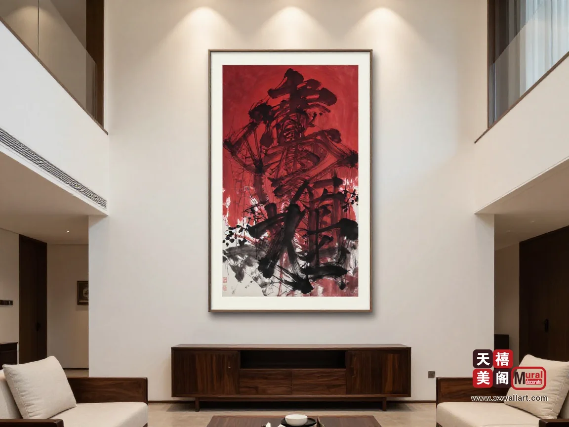 复式挑空客厅的暖白高墙上,深色橡木边柜上方挂着一幅竖版国潮画,朱红与墨色相间,顶部暖光洗墙