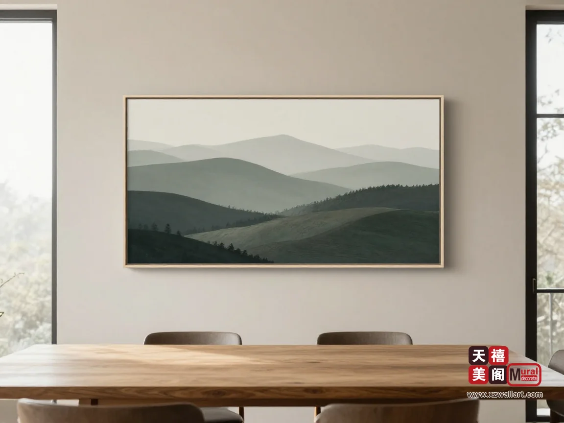 陶土色餐厅侧墙上挂着一幅远山与雾带的横画,橡木长桌与吊灯在画面下方,晨光从高窗进来