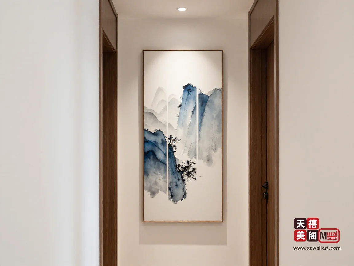 1.1 米净宽的新中式走廊,暖白墙上三幅 40×60 厘米竖版墨色山水,画心统一在 1.52 米,胡桃木窄框