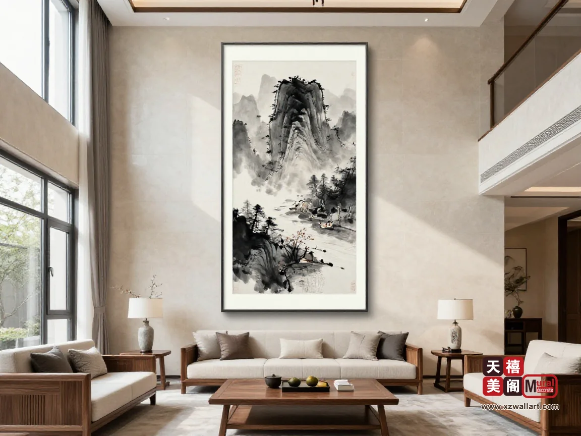 六米挑空的新中式客厅,浅色石墙上一幅 90×240 厘米通高墨色山水,下方低背胡桃木沙发,落地窗侧光