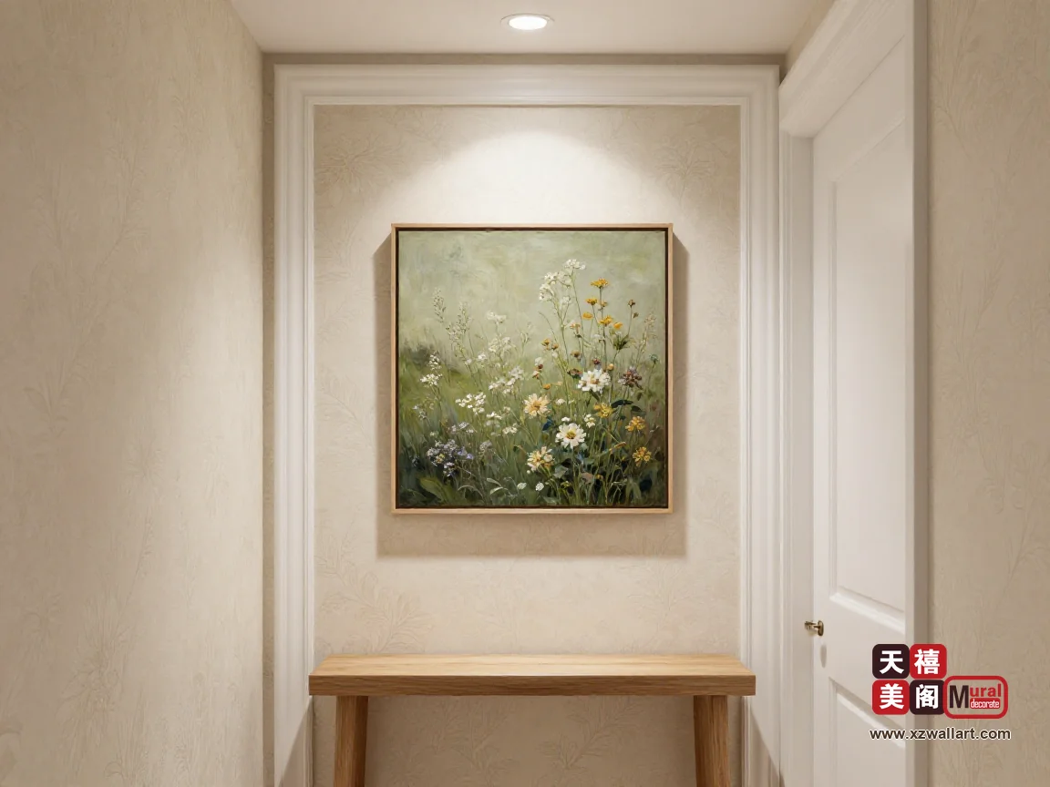 奶油色碎花墙纸的窄走廊,白色门套旁一张窄橡木条案,墙上对称挂着一幅低饱和绿与米白的野花小方画,顶部筒灯打光