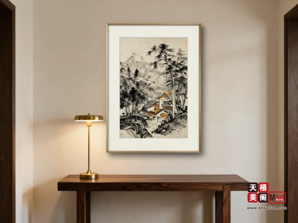 只要一道金属窄边，新中式的木构架就能接住轻奢的画