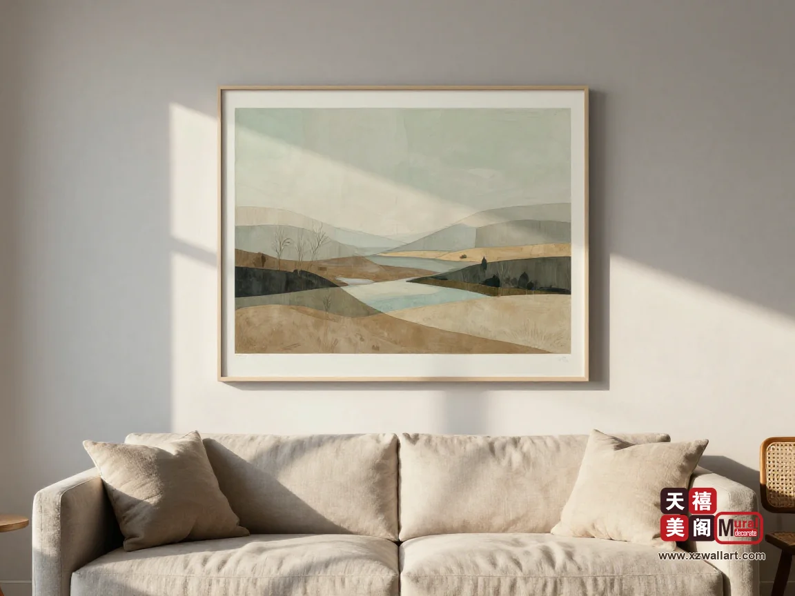西向客厅的浅灰墙面上挂着一幅柔和绿调风景画,午后强光在墙面留下暖色光带,配亚麻沙发
