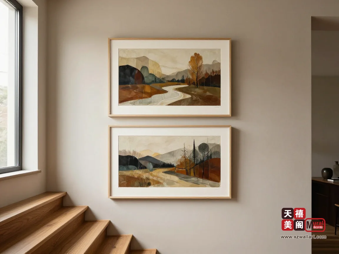 复式住宅的楼梯侧墙顺着踏步上升排着两幅横版风景画,暖灰墙面配橡木踏步与窄边细框