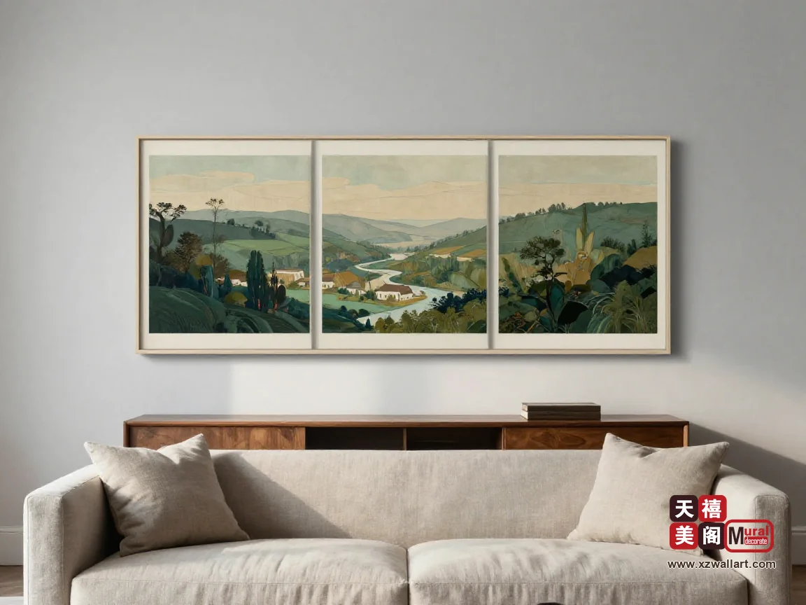 三室两厅客厅的浅灰墙面上挂着一幅三联横版风景画,配窄边细框,下方是亚麻沙发与胡桃木边柜